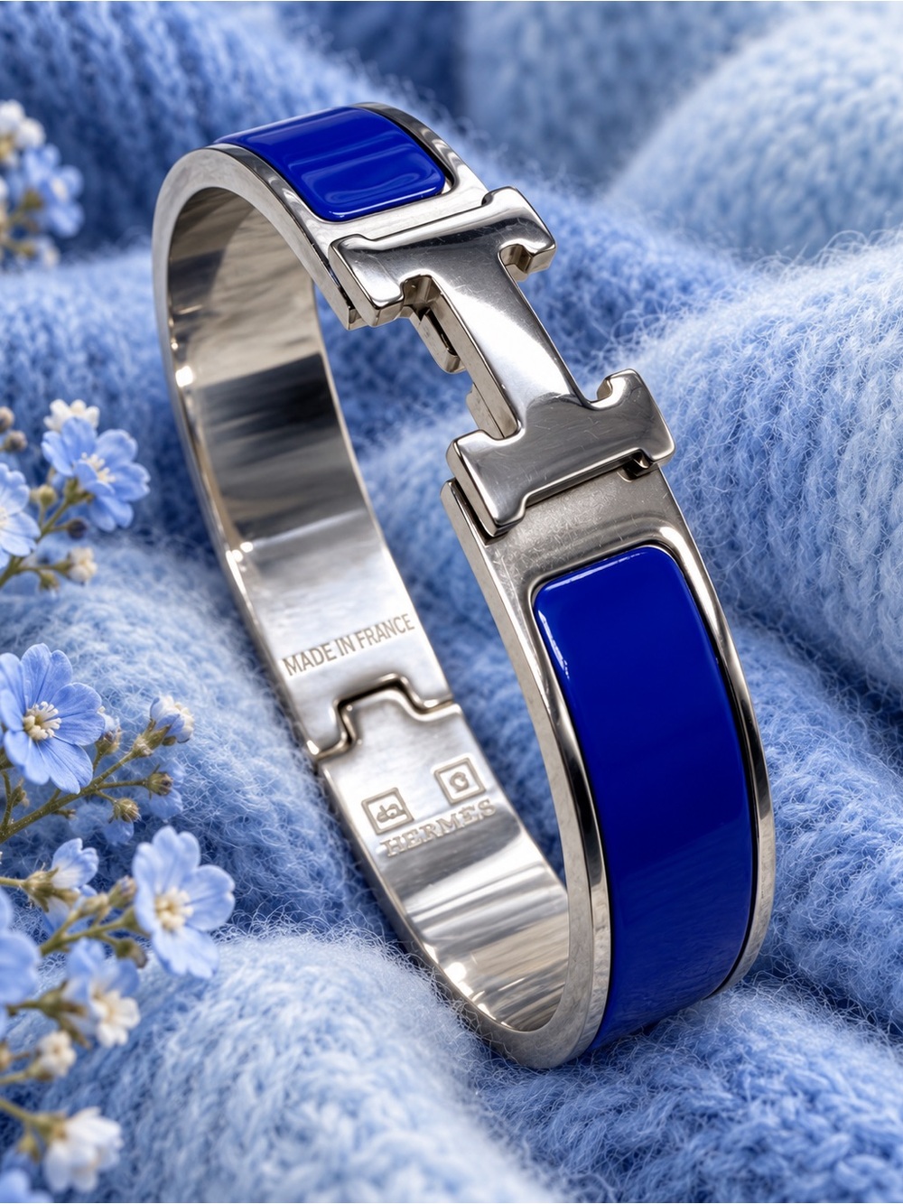 Silver Tone Steel Blue Enamel Bangle Bracelet
